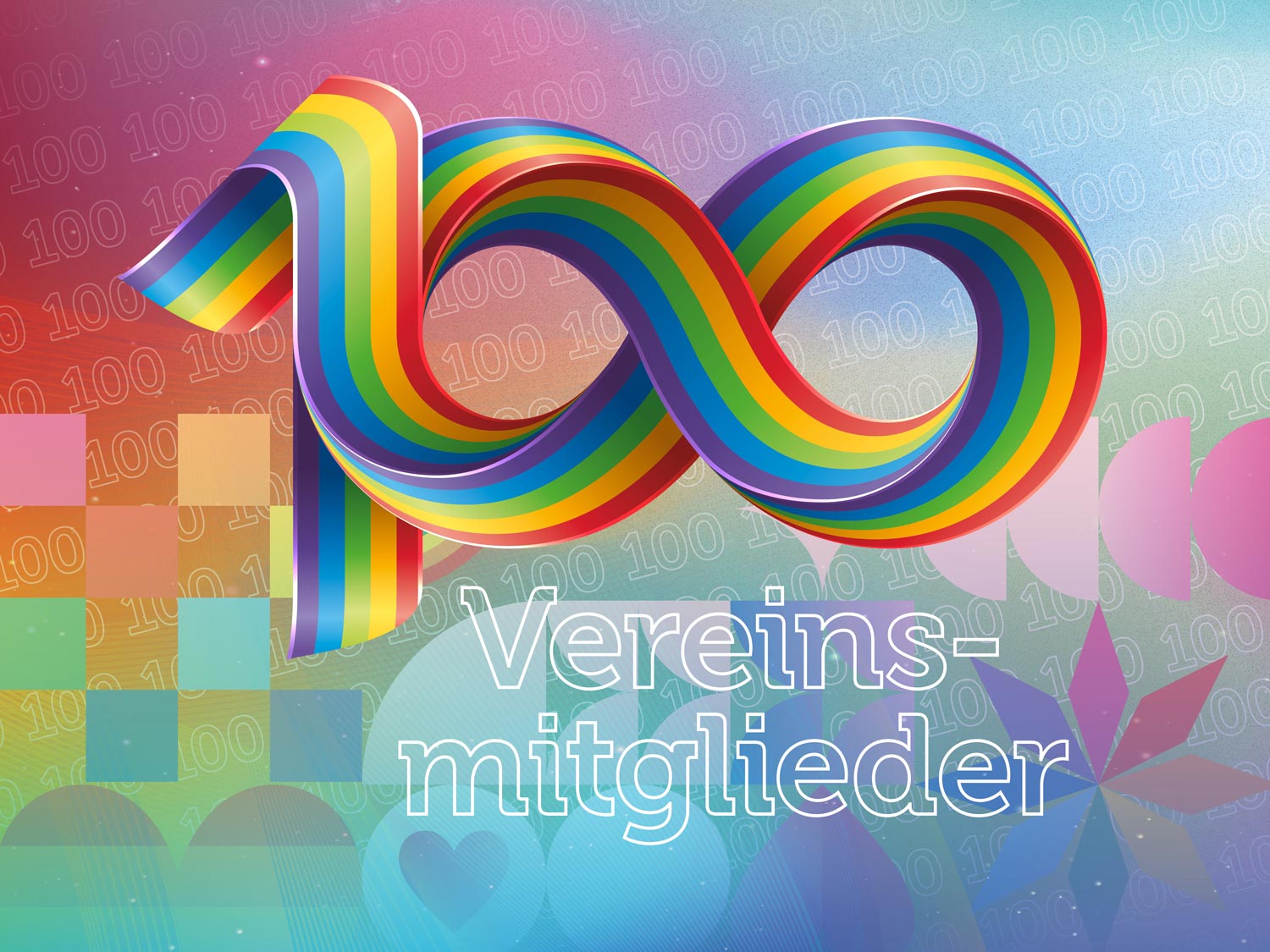 Ein Regenbogenhintergrund mit queeren Symbolen in Regenbogenfarben (Blüten, Herzen, Quadrate, Flaggen). Darüber eine 100 ineinanderverschlungen aus Regenbogensträngen und das Wort "Vereinsmitglieder" darunter.